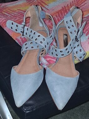 Halogen Light Blue Pointed Toe Grommet Strap Heels